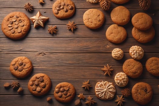 Cookies on a wooden table. Top view. ai generative