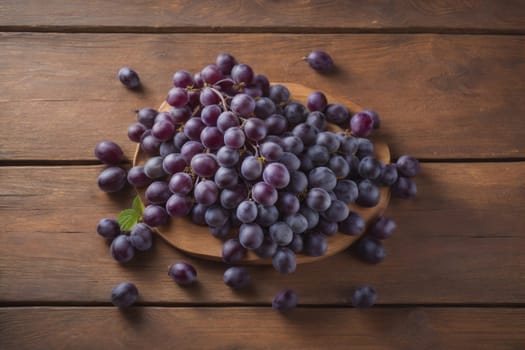 Bunch of fresh grapes on wooden table. Vintage style toned picture. ai generative