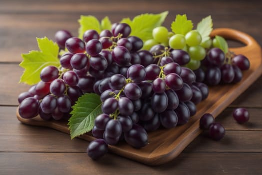 Bunch of fresh grapes on wooden table. Vintage style toned picture. ai generative