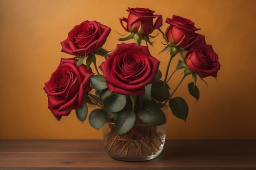 Red roses background. Top view of beautiful red roses with green leaves. ai generative