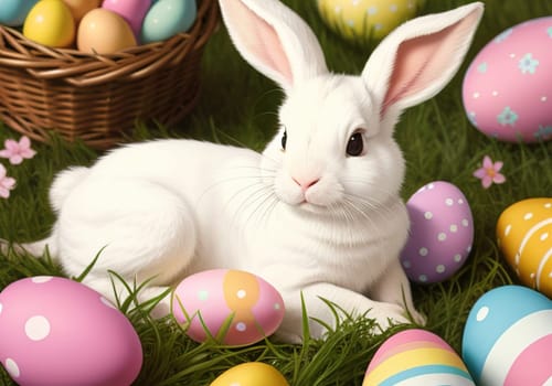 Easter bunny with colorful eggs in nest. ai generative