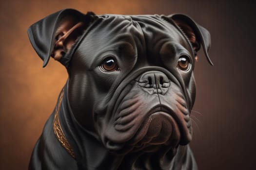 Close up portrait of a cute black dog on a orange background. ai generative