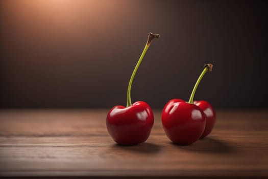 Red cherries on a wooden background. Close up. Selective focus. ai generative