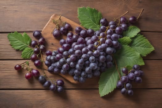 Bunch of fresh grapes on wooden table. Vintage style toned picture. ai generative