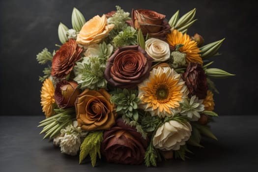 wedding bouquet of different colors on a solid color background. ai generative
