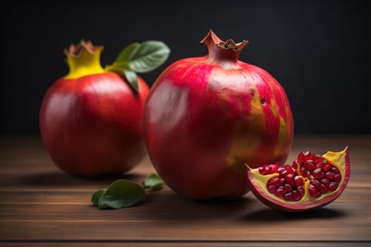 Ripe pomegranate fruit on a wooden background. Still life. ai generative