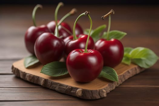 Red cherries on a wooden background. Close up. Selective focus. ai generative