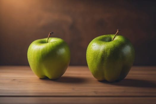 Green apple on a wooden table with dark background, shallow depth of field. The concept of healthy eating. ai generative