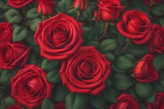 Red roses background. Top view of beautiful red roses with green leaves. ai generative