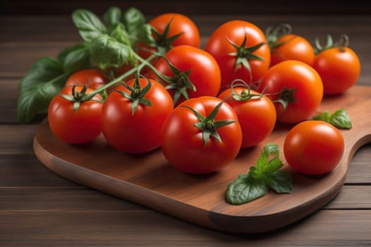 Tomatoes on a wooden table on a dark background. ai generative