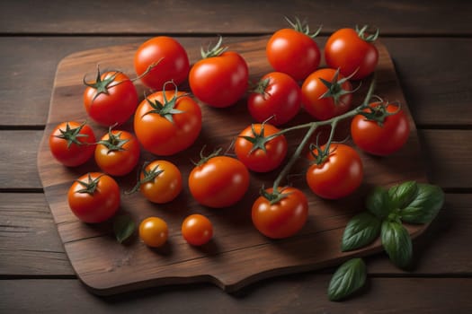 Tomatoes on a wooden table on a dark background. ai generative