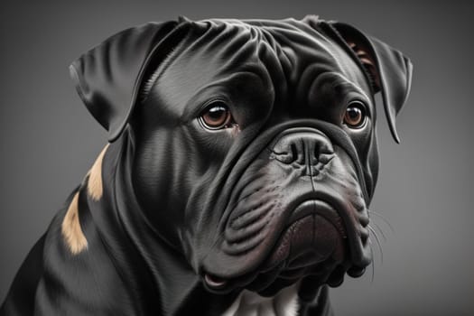 Close up portrait of a cute black dog on a orange background. ai generative