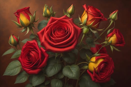 Red roses background. Top view of beautiful red roses with green leaves. ai generative