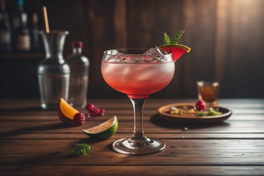 Alcohol cocktail drink on the table in bar. Toned image. ai generative