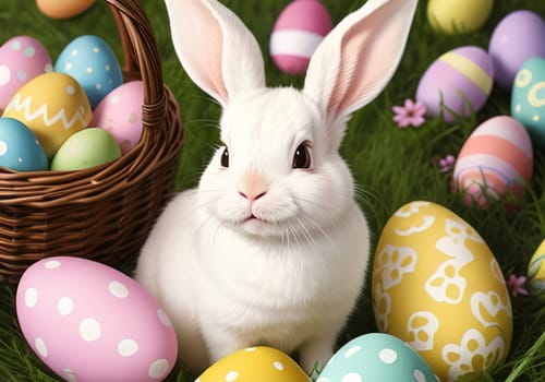 Easter bunny with colorful eggs in nest. ai generative