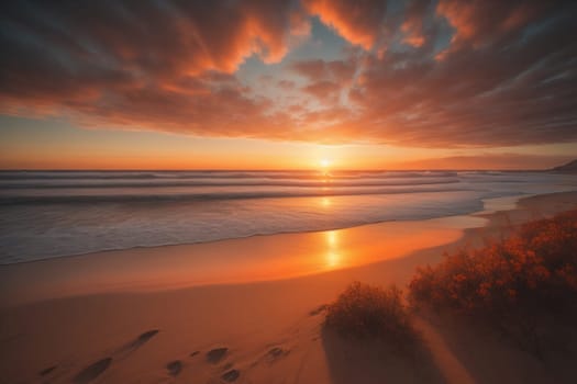 Beautiful sunset on the beach with reflection in the water. Long exposure. ai generative