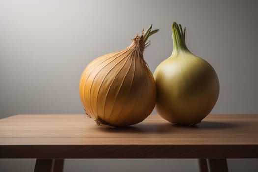 Three onions on a wooden table in front of a solid color background. ai generative