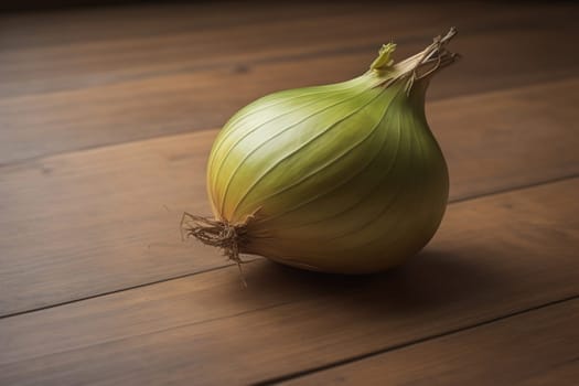 Three onions on a wooden table in front of a solid color background. ai generative