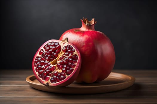 Ripe pomegranate fruit on a wooden background. Still life. ai generative
