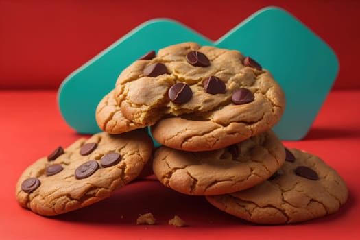 Chocolate chip cookies on orange background. Close up. Selective focus. ai generative