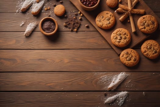 Cookies on a wooden table. Top view. ai generative
