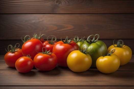 Tomatoes on a wooden table on a dark background. ai generative