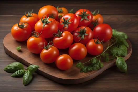 Tomatoes on a wooden table on a dark background. ai generative