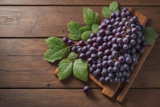 Bunch of fresh grapes on wooden table. Vintage style toned picture. ai generative