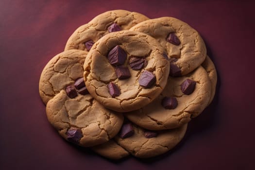 Chocolate chip cookies on orange background. Close up. Selective focus. ai generative