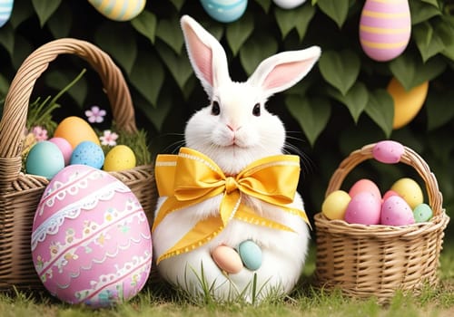 Easter bunny with colorful eggs in nest. ai generative
