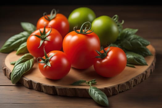 Tomatoes on a wooden table on a dark background. ai generative