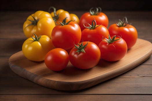 Tomatoes on a wooden table on a dark background. ai generative