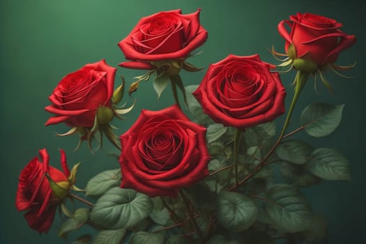 Red roses background. Top view of beautiful red roses with green leaves. ai generative