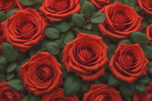 Red roses background. Top view of beautiful red roses with green leaves. ai generative