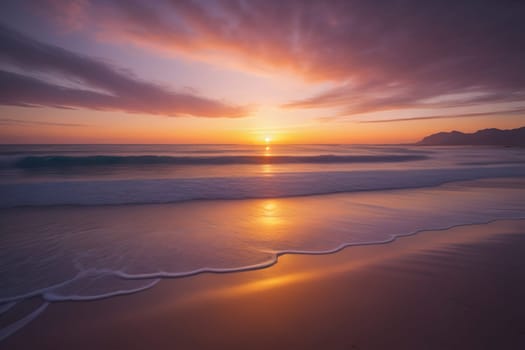 Beautiful sunset on the beach with reflection in the water. Long exposure. ai generative