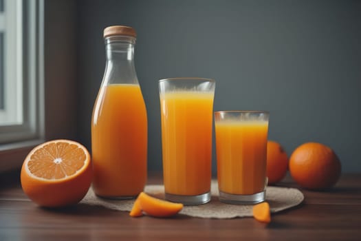 Glass of orange juice and fresh orange fruits. ai generative