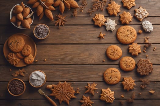 Cookies on a wooden table. Top view. ai generative