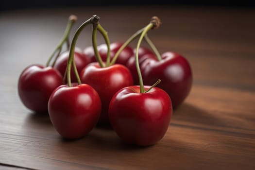 Red cherries on a wooden background. Close up. Selective focus. ai generative
