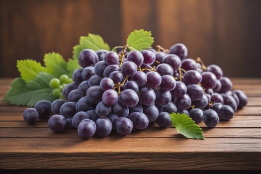 Bunch of fresh grapes on wooden table. Vintage style toned picture. ai generative