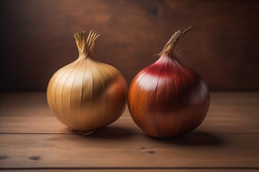 Three onions on a wooden table in front of a solid color background. ai generative