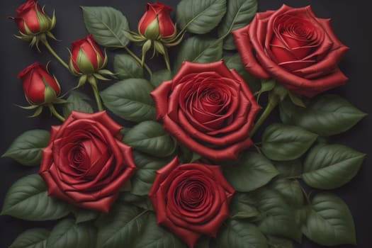 Red roses background. Top view of beautiful red roses with green leaves. ai generative