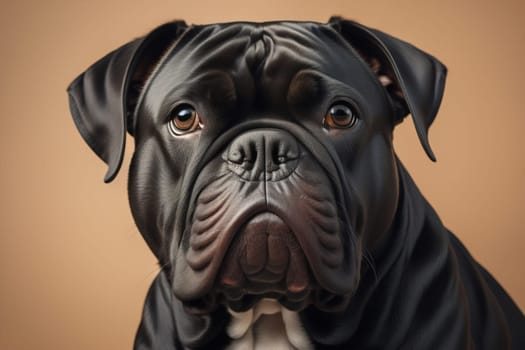 Close up portrait of a cute black dog on a orange background. ai generative