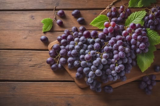 Bunch of fresh grapes on wooden table. Vintage style toned picture. ai generative