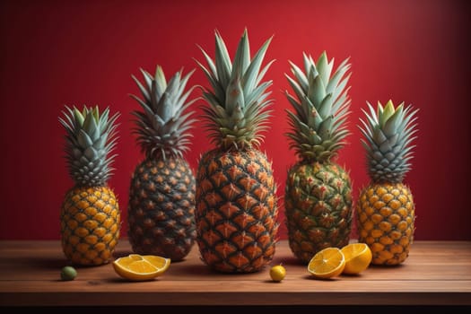 Pineapples on a wooden background. ai generative