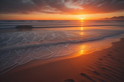 Beautiful sunset on the beach with reflection in the water. Long exposure. ai generative