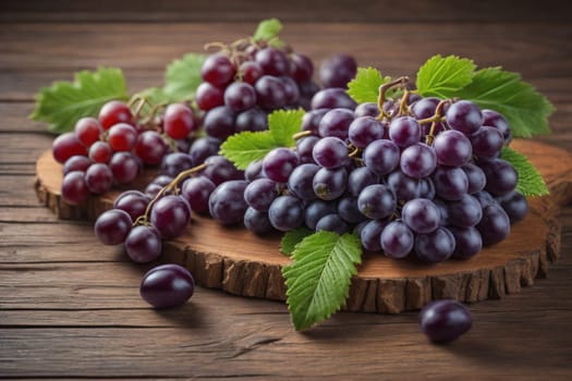 Bunch of fresh grapes on wooden table. Vintage style toned picture. ai generative