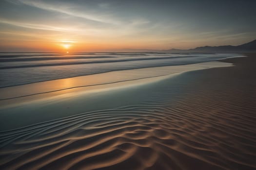 Beautiful sunset on the beach with reflection in the water. Long exposure. ai generative