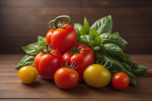 Tomatoes on a wooden table on a dark background. ai generative