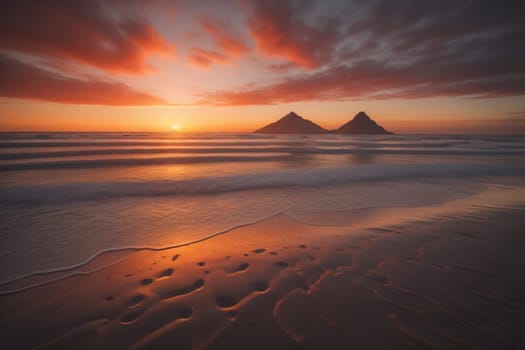 Beautiful sunset on the beach with reflection in the water. Long exposure. ai generative