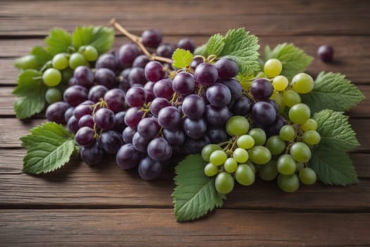 Bunch of fresh grapes on wooden table. Vintage style toned picture. ai generative